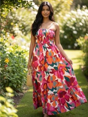 Abel the Label Strapless Smocked Tiered Maxi Dress Like New | Abstract Print | M